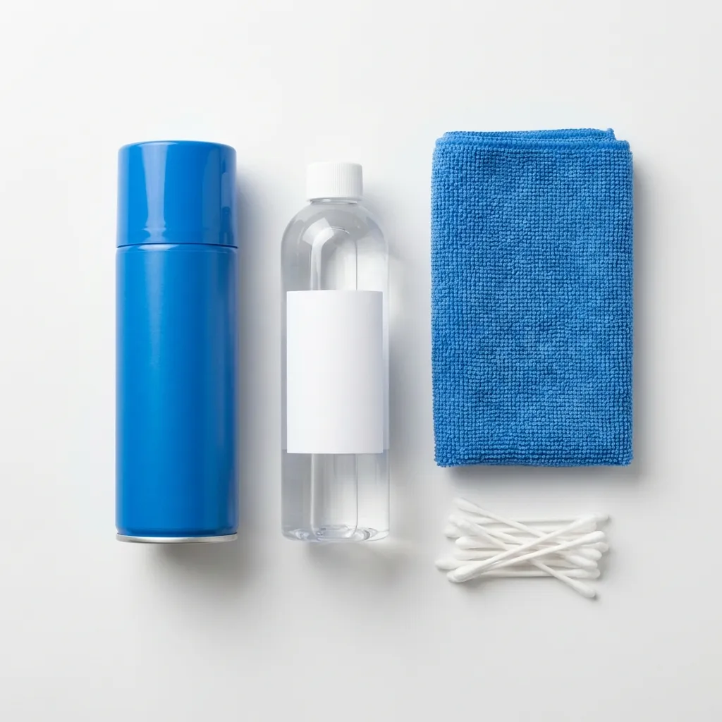 Pro cleaning kit for consoles: Compressed air, Isopropyl alcohol, Microfiber cloth, and Cotton swabs