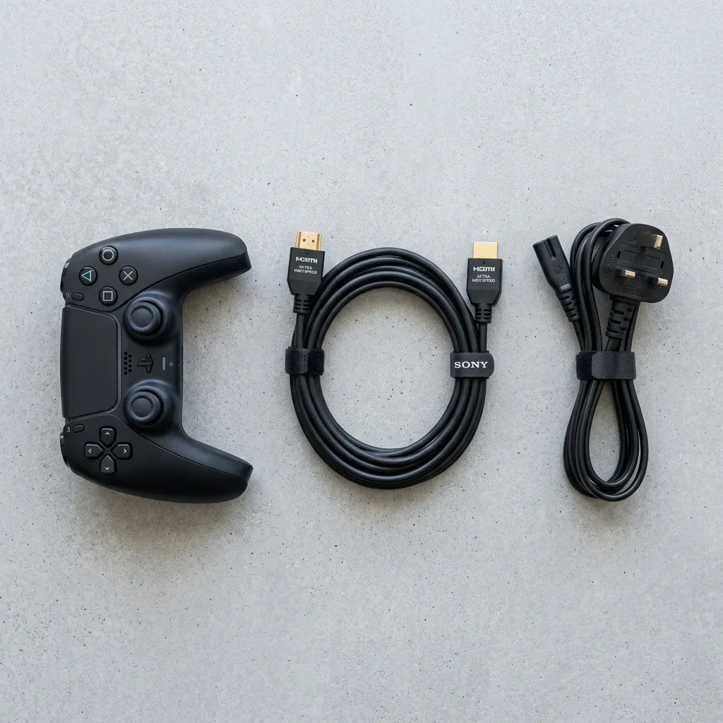 Console accessories bundle with controller, cables, and headset