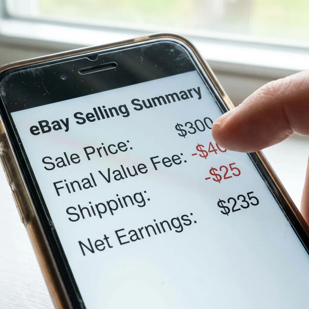 Smartphone screen displaying a breakdown of eBay selling fees and net profit