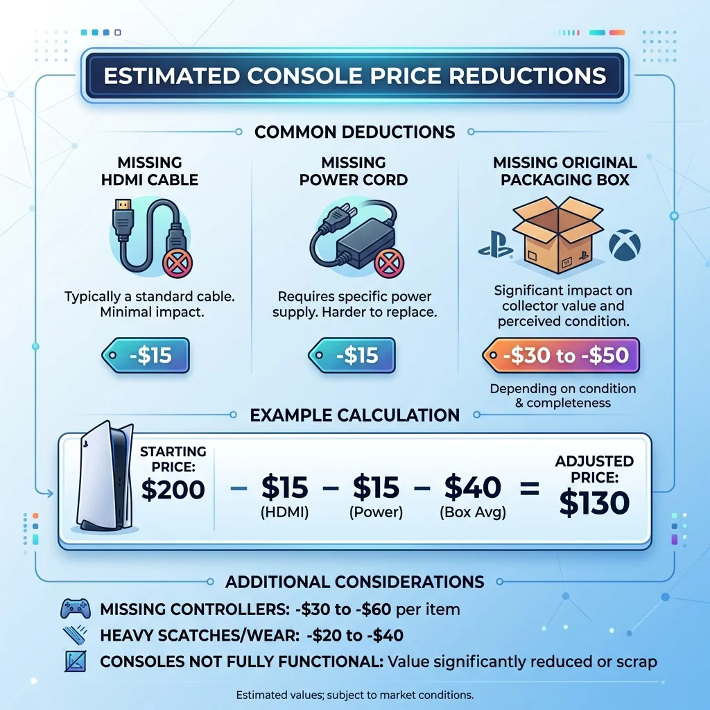 Accessory replacement cost chart showing HDMI, power adapter, stand, and retail box deductions
