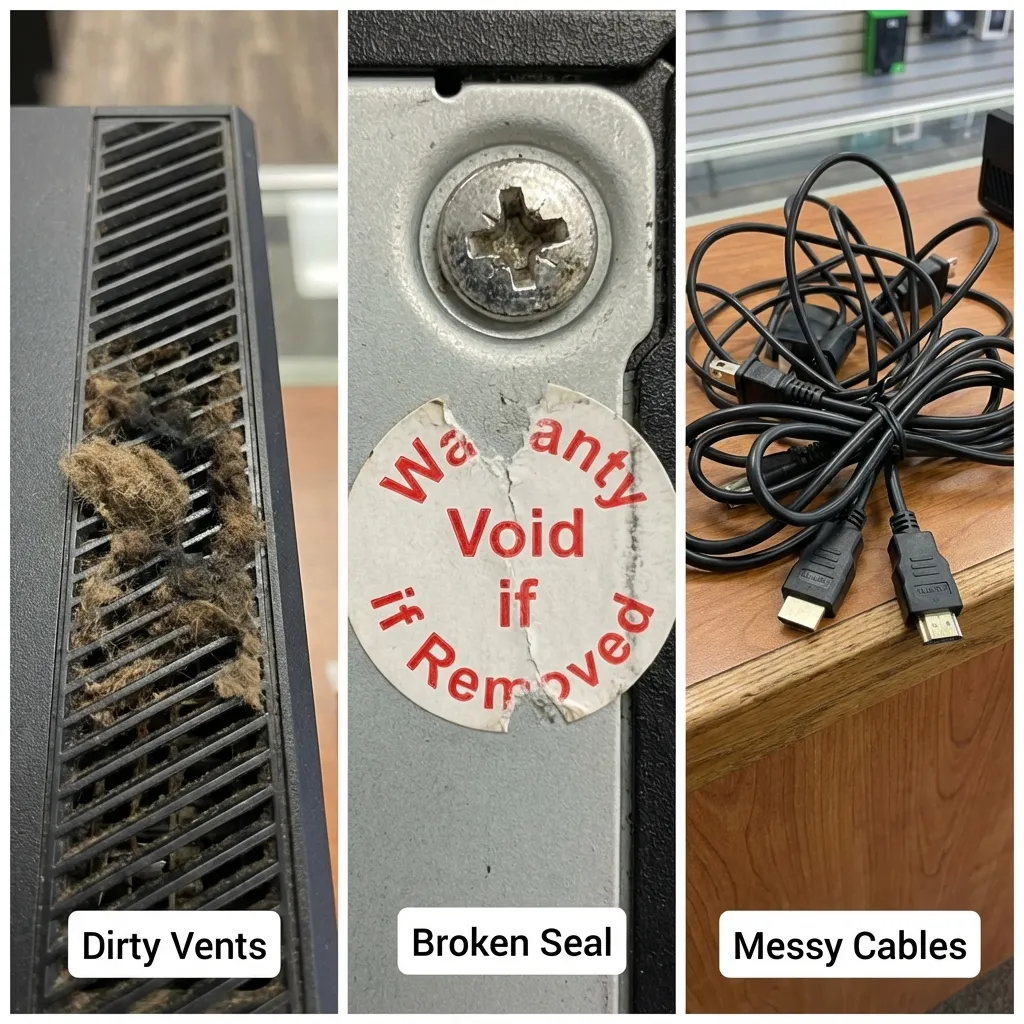 Real photos of pawn shop deal breakers: dirty vents clogged with dust, a broken warranty seal, and messy tangled cables