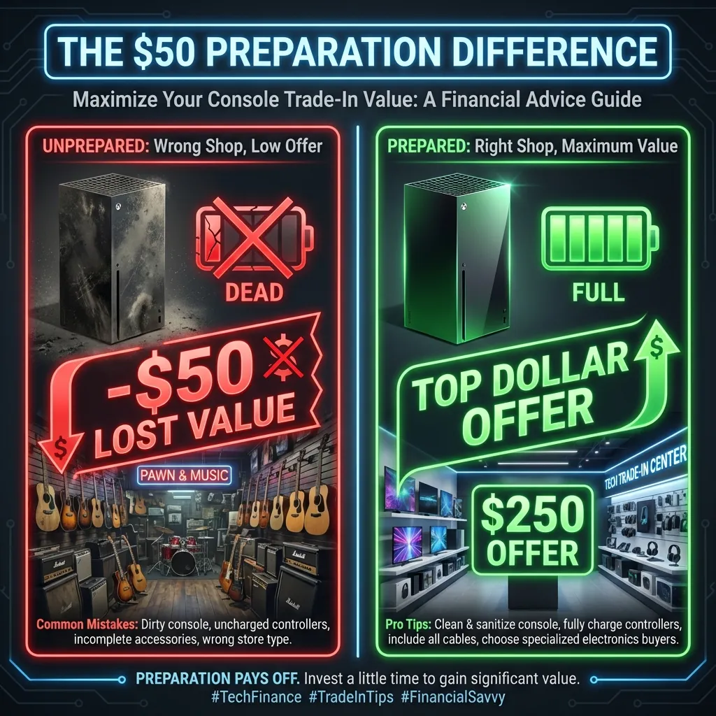 Infographic comparing the $50 loss from an unprepared pawn visit versus the top dollar offer from a prepared visit