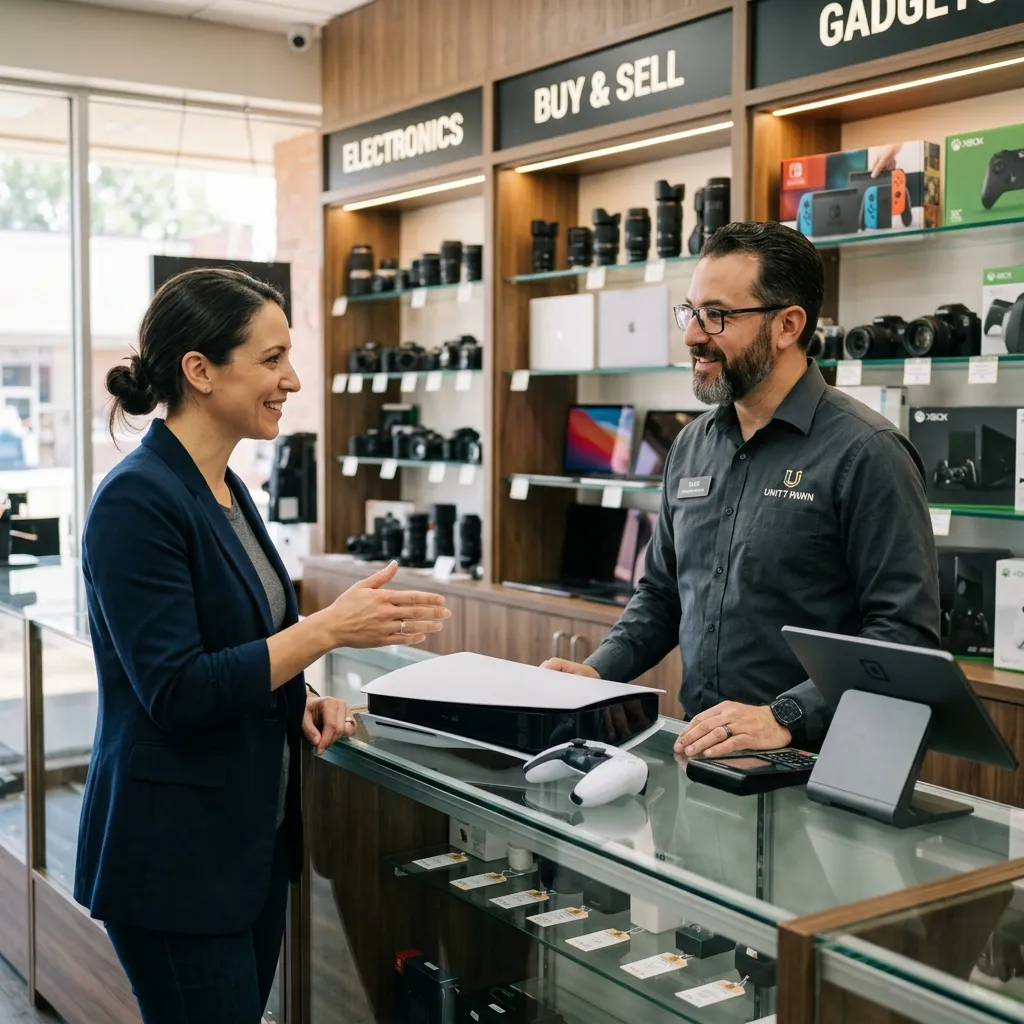 A customer and a pawn broker conversing politely across a counter with a console in front of them