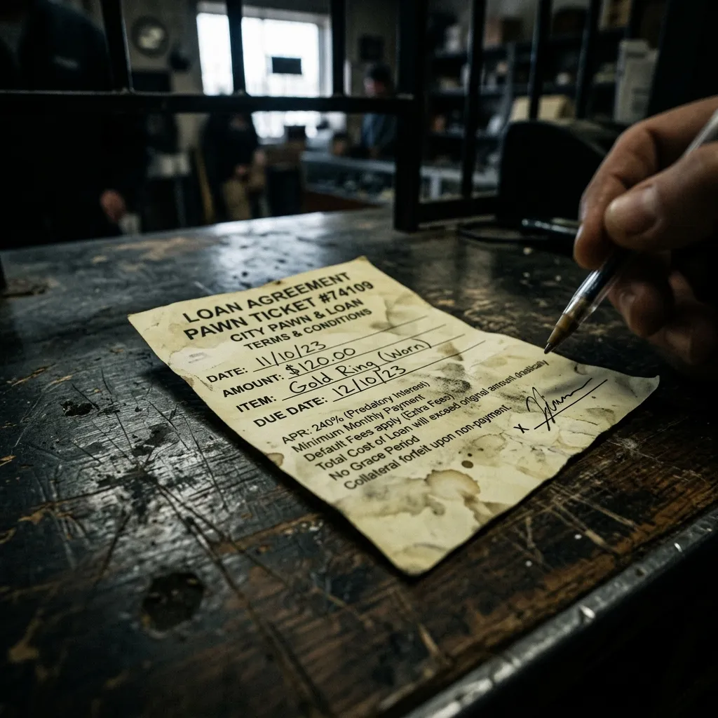 A close-up of a low-quality pawn ticket or loan contract on a dirty counter