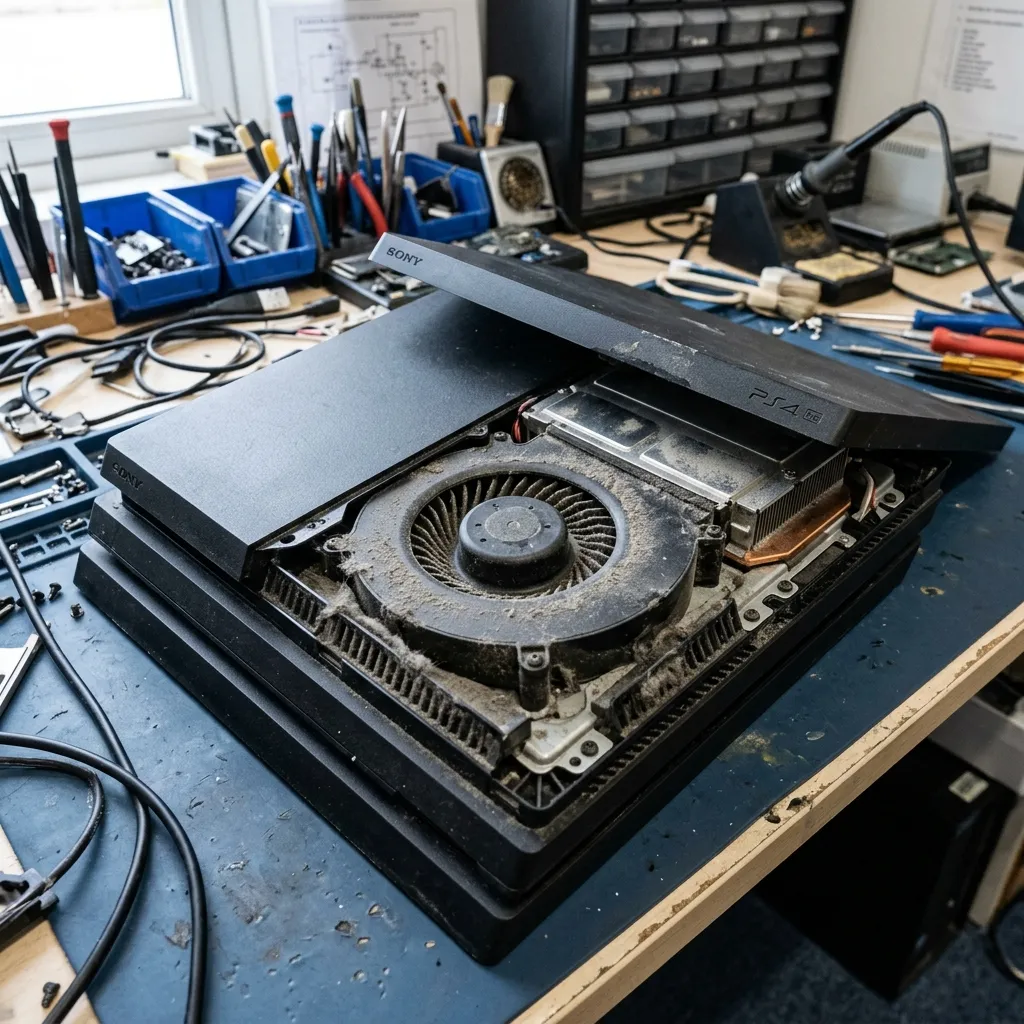 Close-up of PS4 Pro console vents and internal cooling fan showing dust buildup