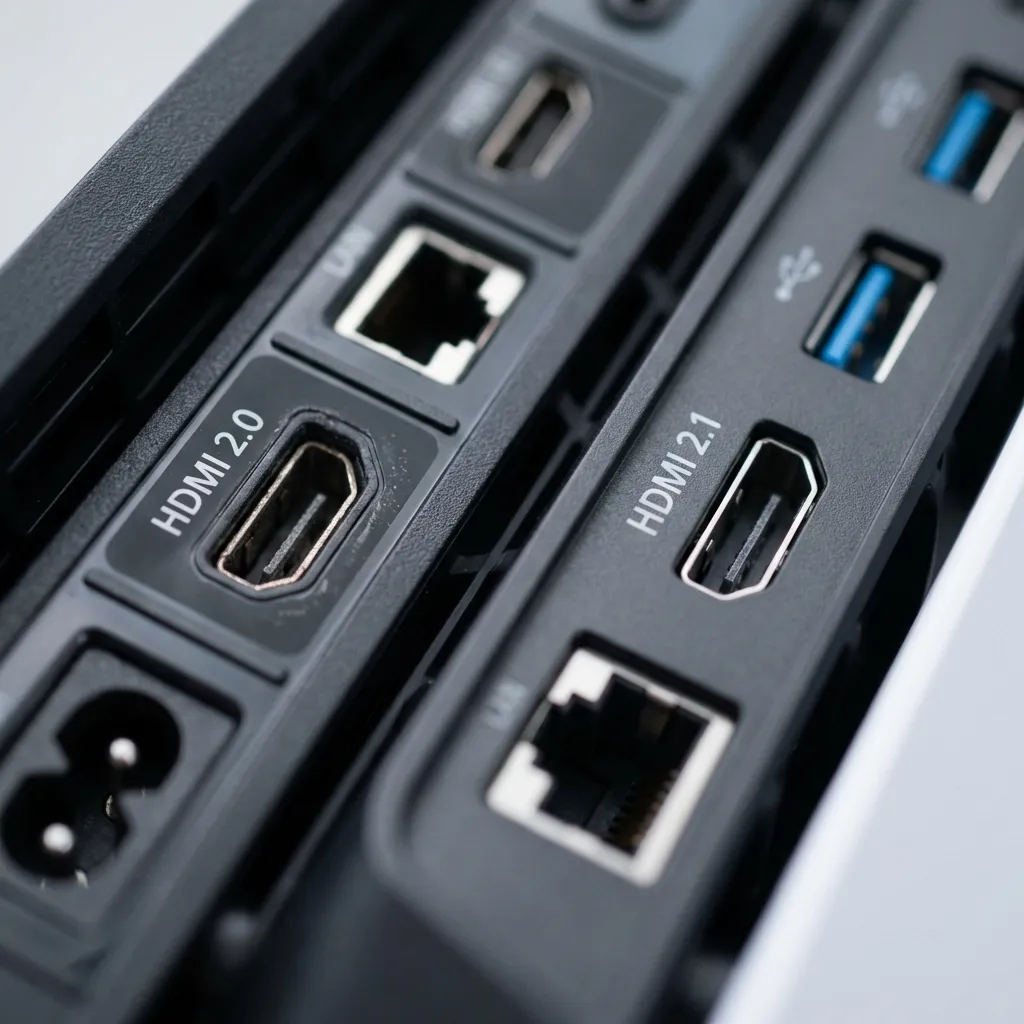 Close-up comparison of PS4 Pro HDMI 2.0 port versus PS5 HDMI 2.1 port