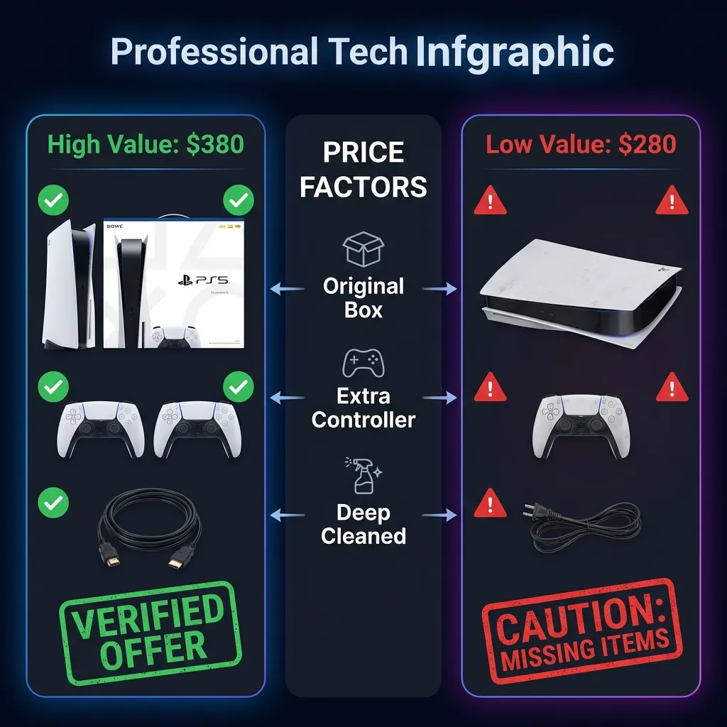 Infographic comparing a $380 high-value PS5 offer (clean, complete box, 2 controllers) versus a $280 low-value offer (dirty, missing box, 1 controller)