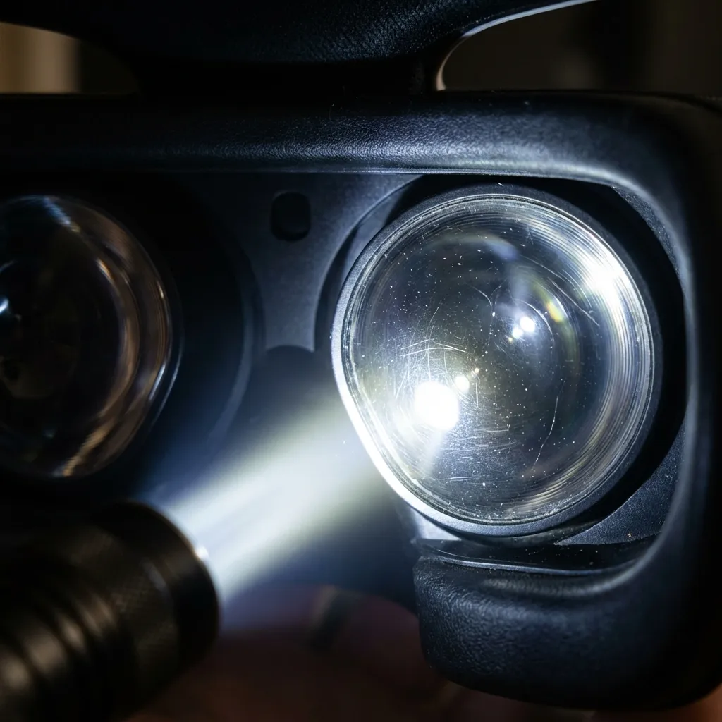 Close-up inspection of PSVR lenses under a flashlight revealing micro-scratches