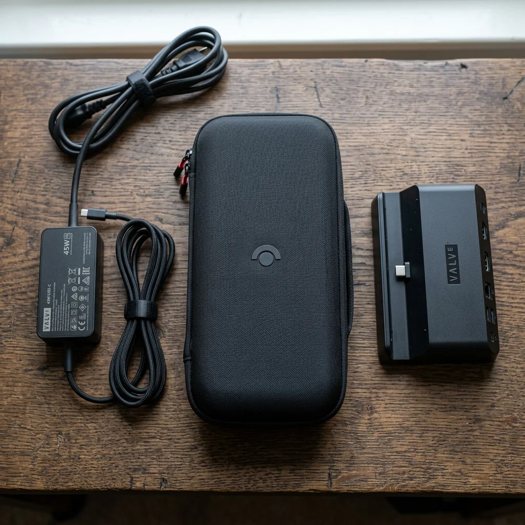 Steam Deck accessories including case and charger used to preserve pawn value