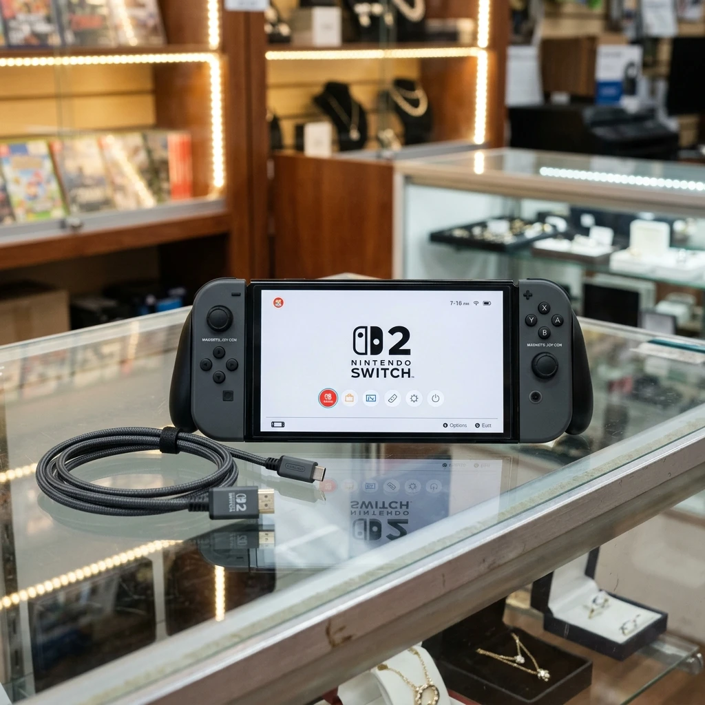 Nintendo Switch 2 console with dock and cords prepared for pawn shop valuation