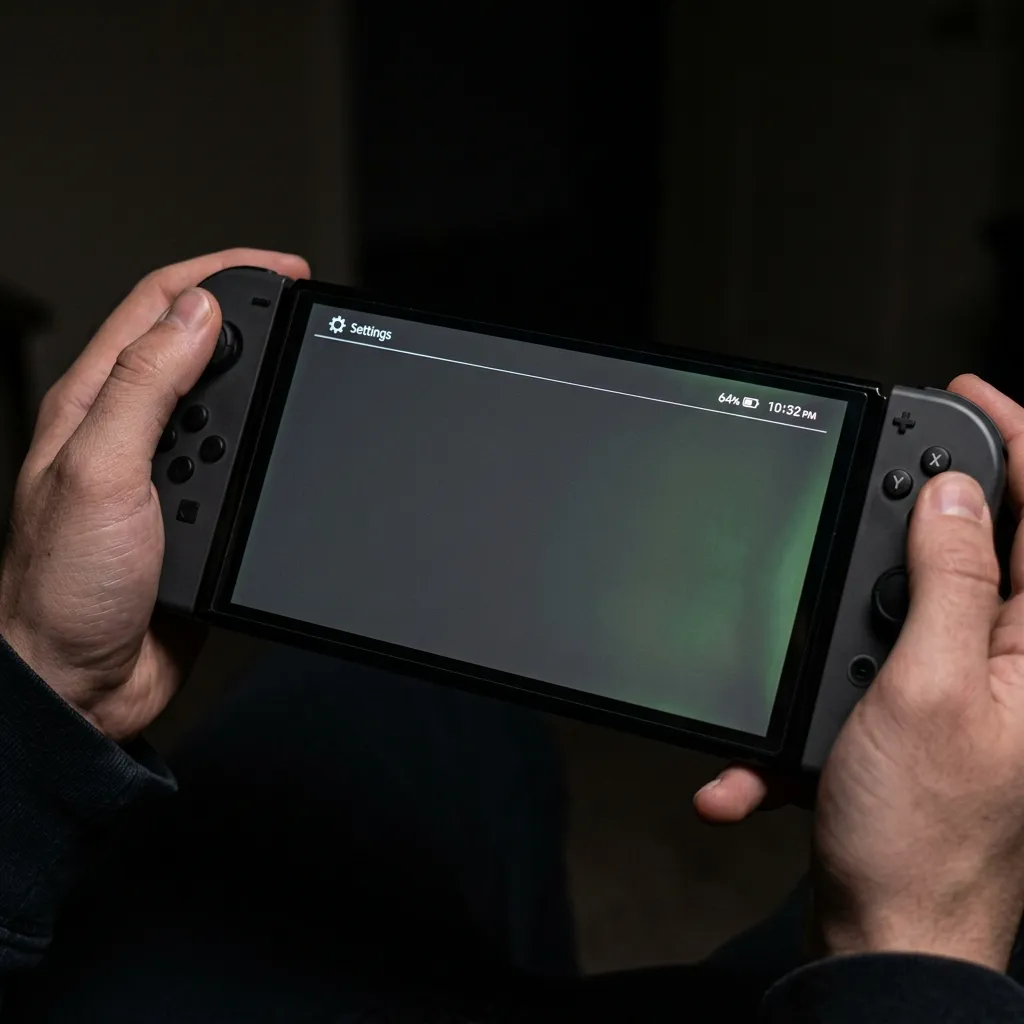 Nintendo Switch OLED screen display in a dark room showing uneven green tint calibration issues