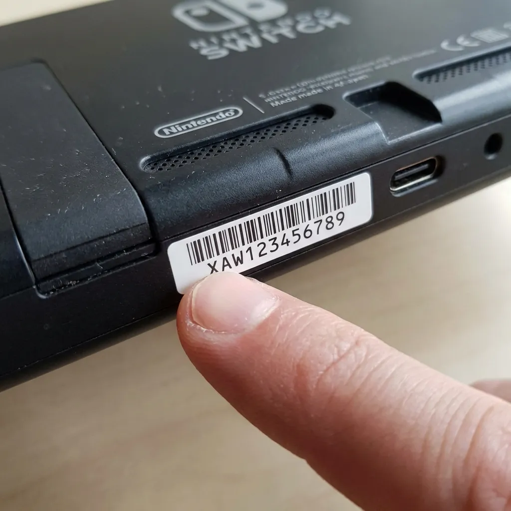 Finger pointing to the serial number barcode on the bottom of a Nintendo Switch
