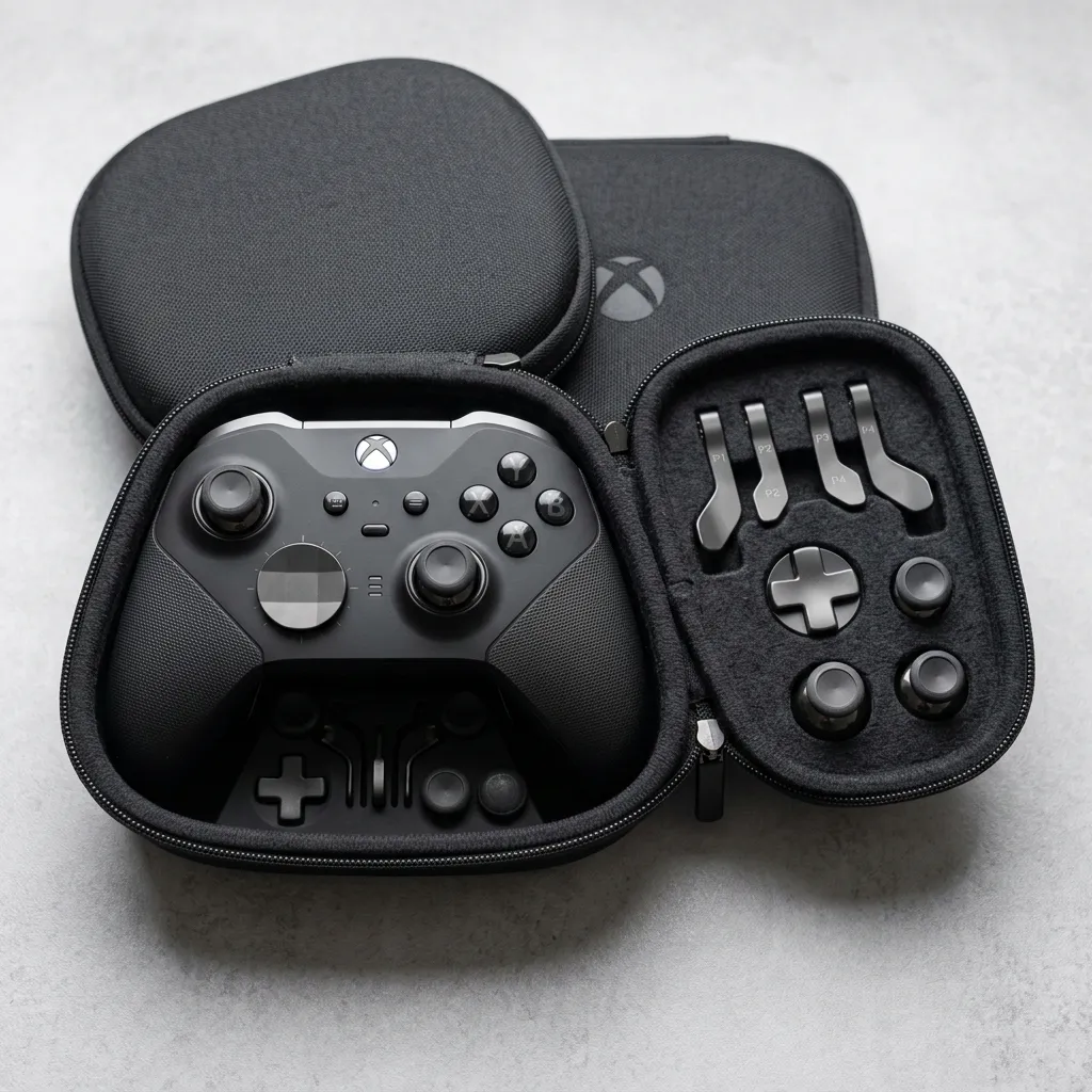 An Xbox Elite Series 2 controller in its zipper case with paddles and extra swappable parts