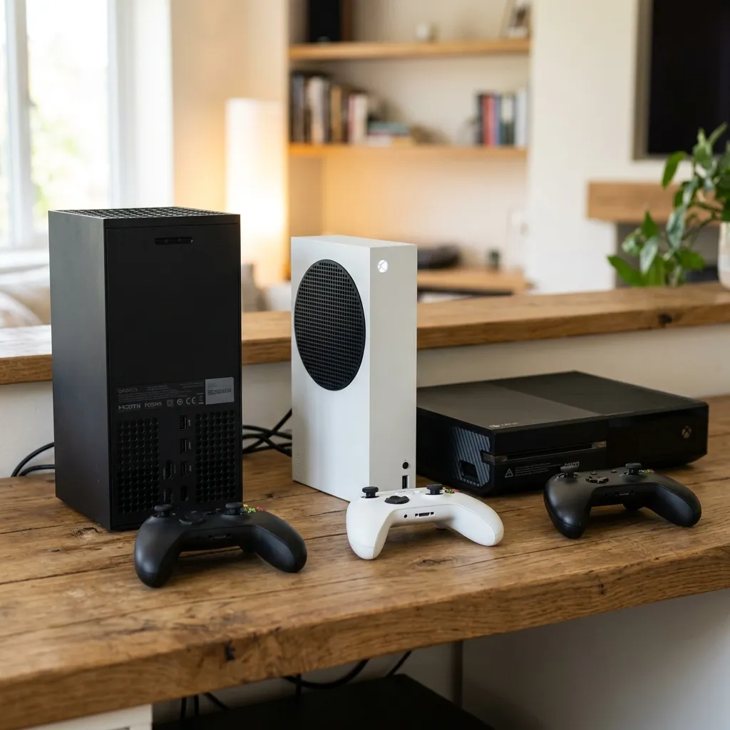 A side-by-side comparison of Xbox Series X, Xbox Series S, and Xbox One consoles on a counter
