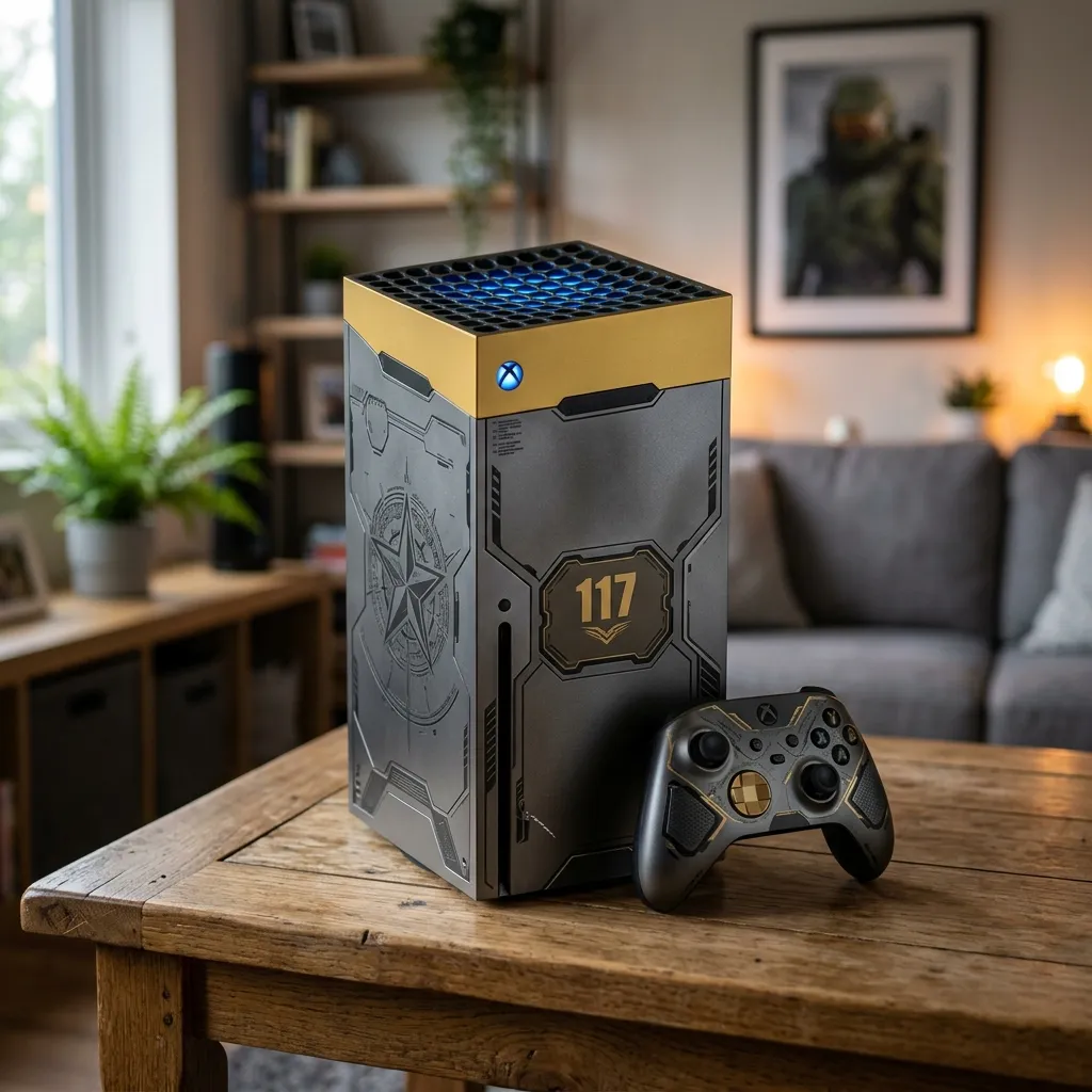Halo Infinite Limited Edition Xbox Series X console with gold star patterns on its surface