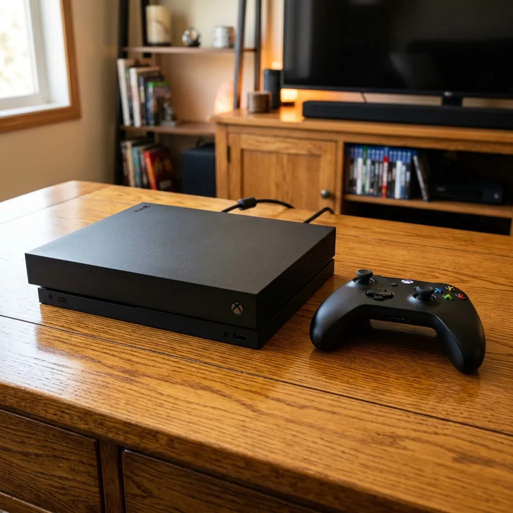 A matte black Xbox One X console lying flat on a wooden surface with a matching controller